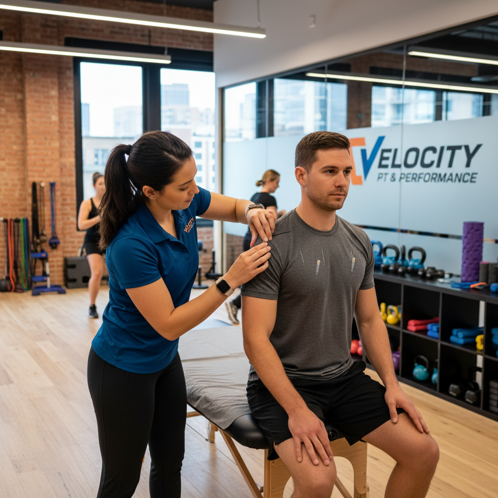 Physical therapist performing dry needling treatment on patient's shoulder muscle