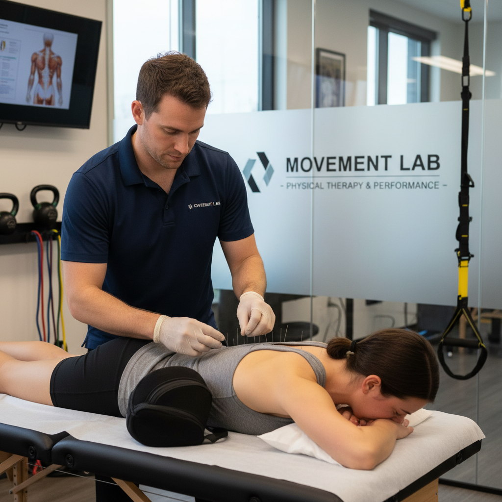 Physical therapist performing dry needling treatment on athlete's shoulder