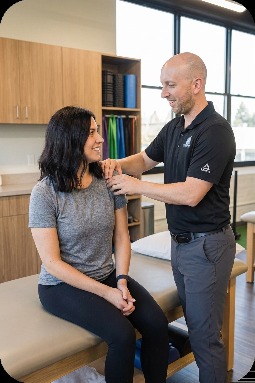 Patient working with a provider at a sports physical therapy clinic in Manchester, NH, receiving manual therapy for shoulder pain