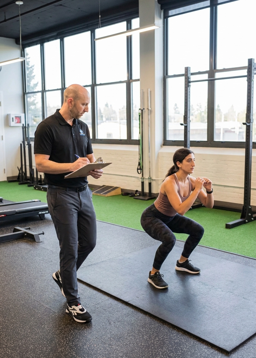 Patient working with a provider at a performance physical therapy clinic in Manchester, NH during a functional movement assessment