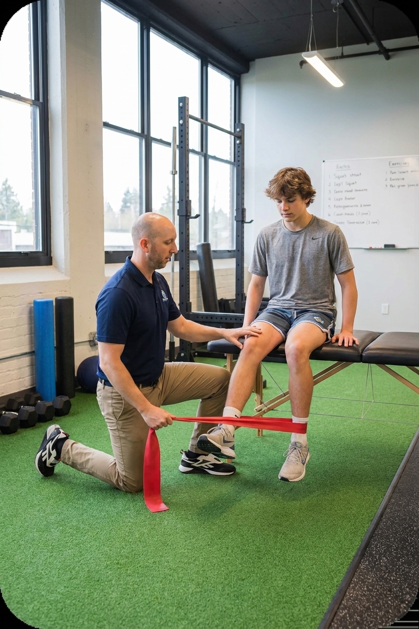 Patient working with a provider at a performance physical therapy clinic in Manchester, NH during a functional movement assessment
